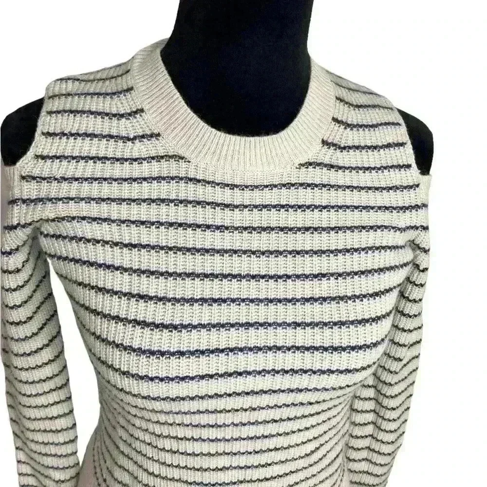 AllSaints women Mull cold shoulder Striped White wool sweater long sleeve Merino - Picture 4 of 8